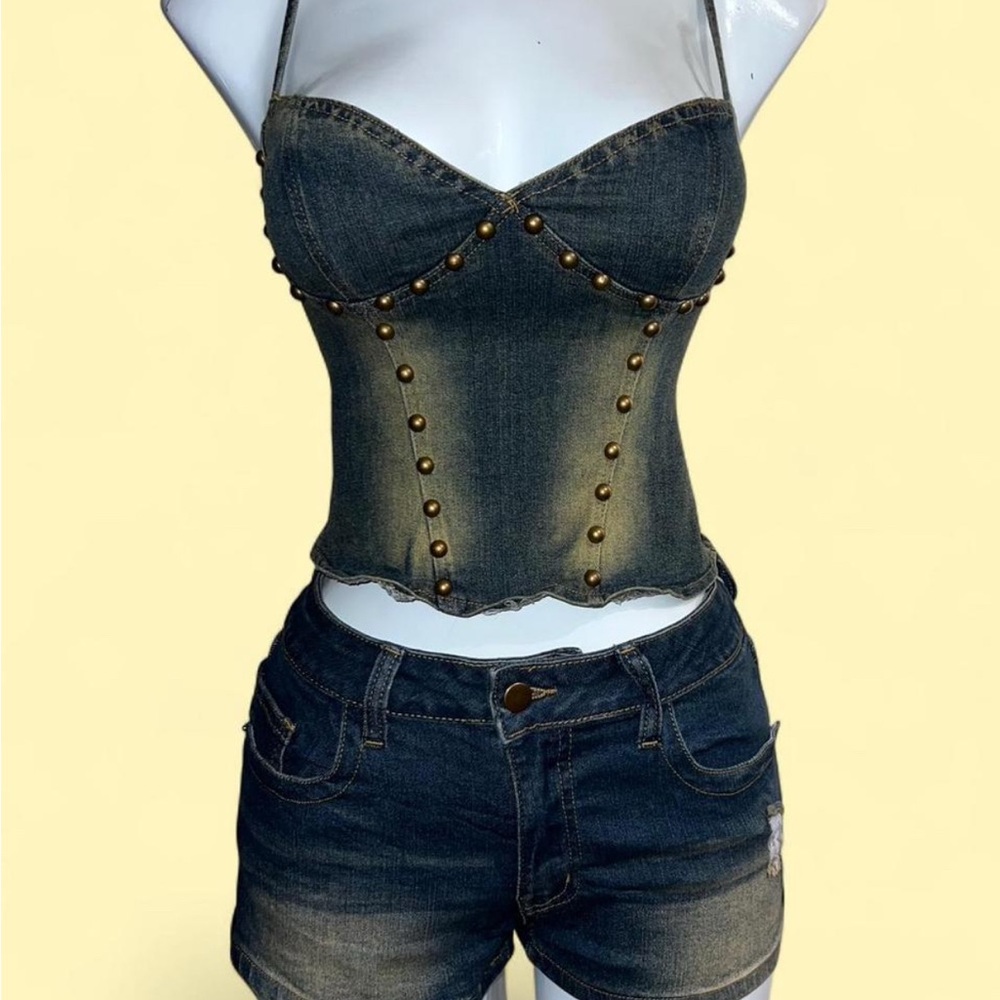Studded Denim Corset Top and Shorts Set